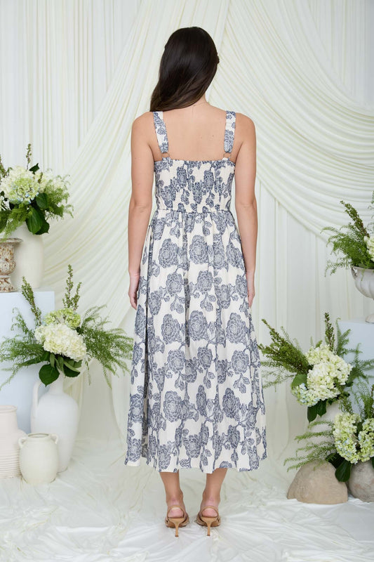 Blue Floral Jacquard Pattern Sleeveless Midi Dress