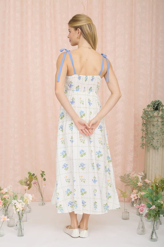 Blue Floral Tile Pattern Scalloped Tie Strap Midi Dress