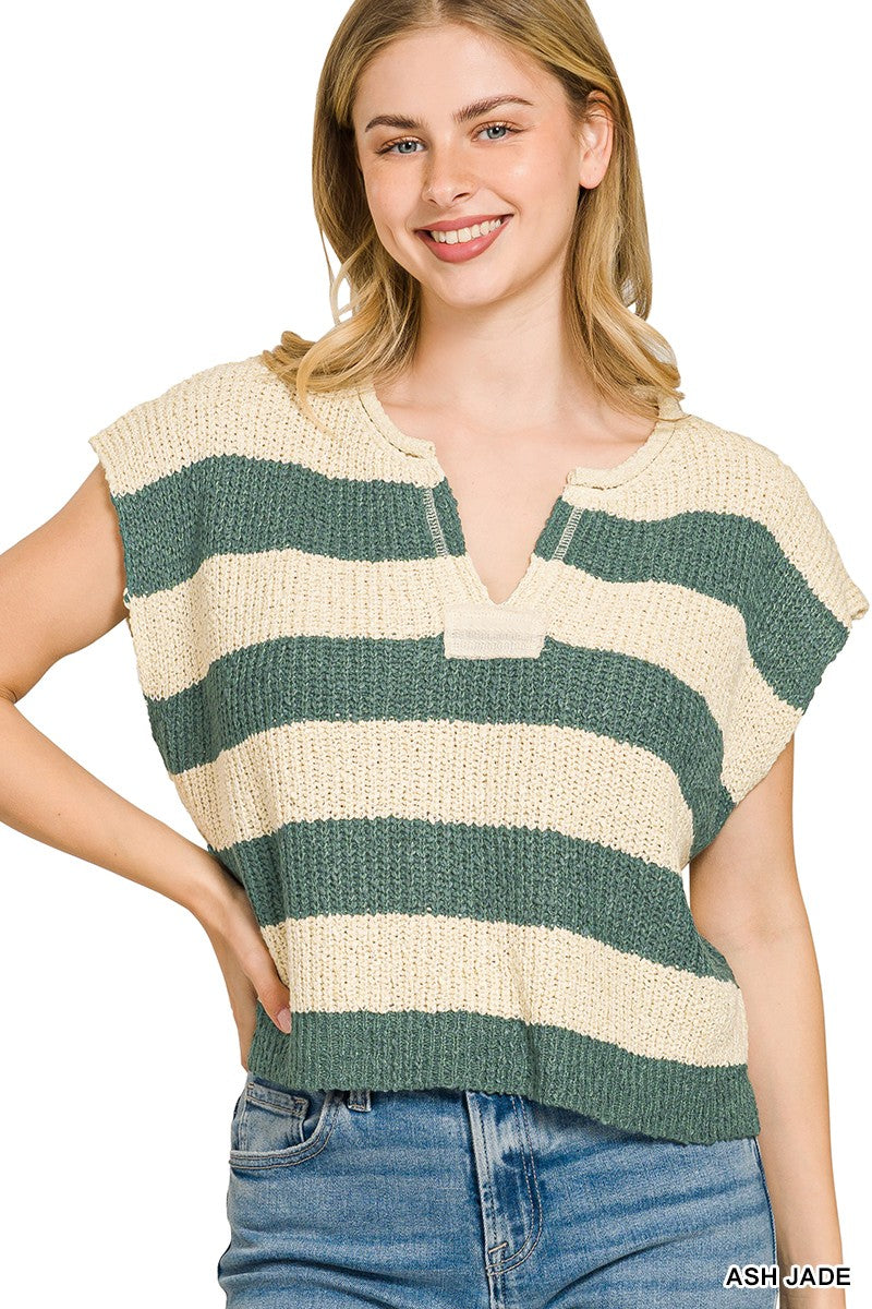 Jade Split Neck Stripe Sleeveless Sweater