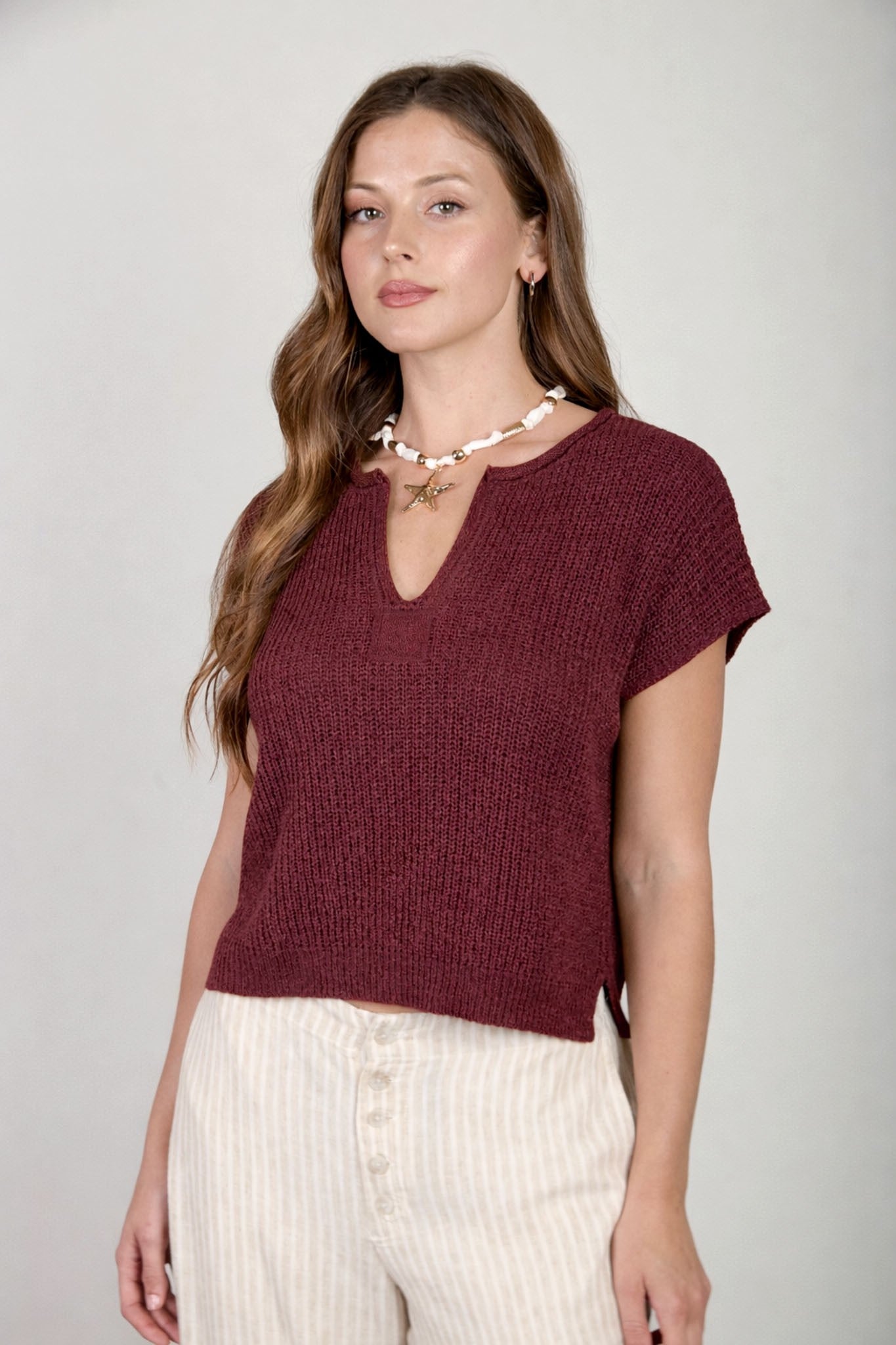 Maroon Split Neck Batwing Knit Top