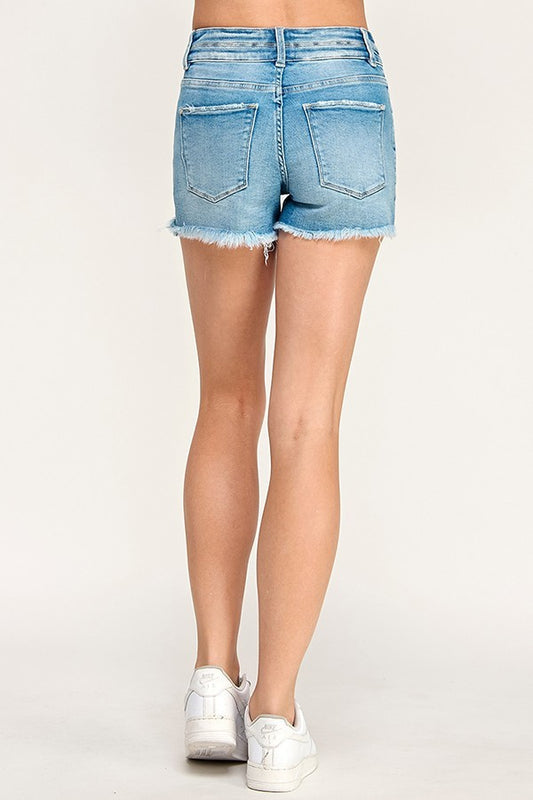 Petra Light Wash, High Rise Yoke Detailing Shorts W/ Frayed Hem