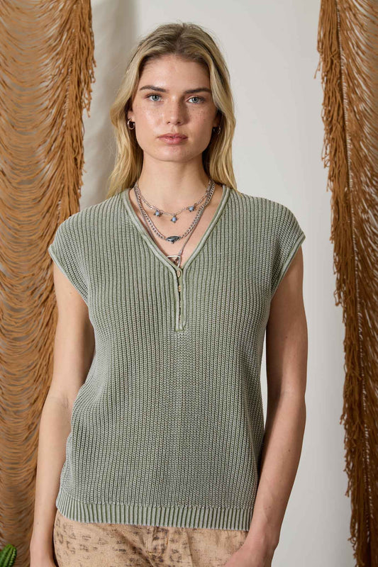 Light Olive Raw Edge V- Neck Henley Knit Top
