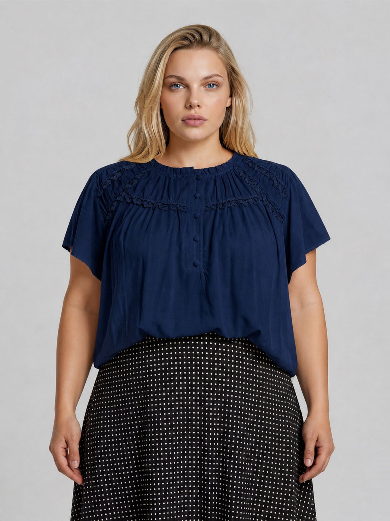 Navy Ruffled Yoke Short Sleeve Henley Blouse
