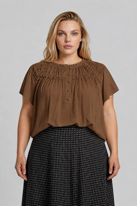 Brown Ruffled Yoke Short Sleeve Henley Blouse