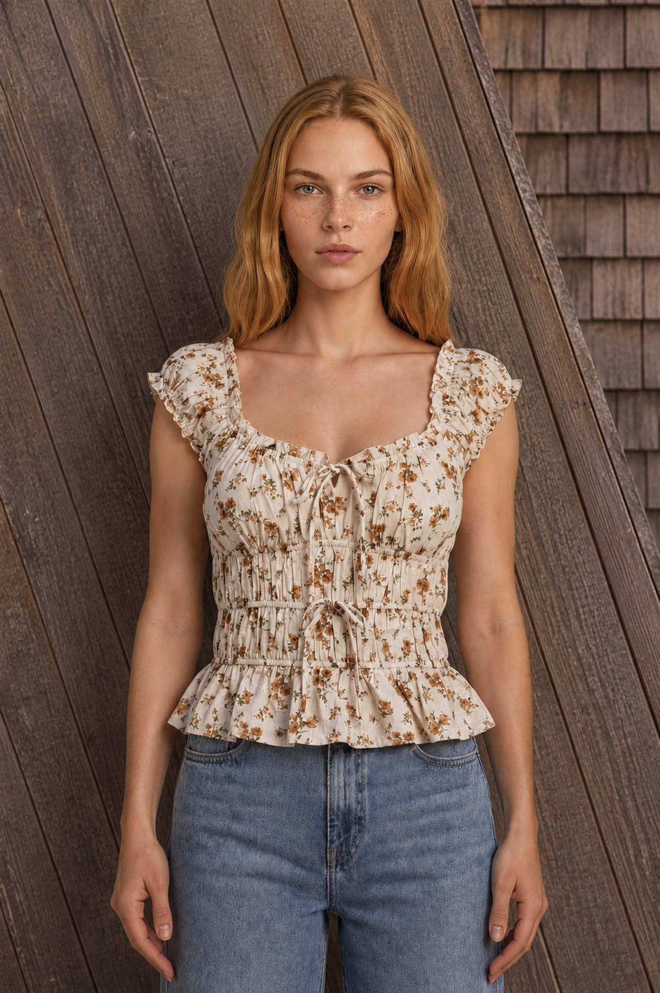Natural Floral Front Tie Shirred Waist Ruffled Top
