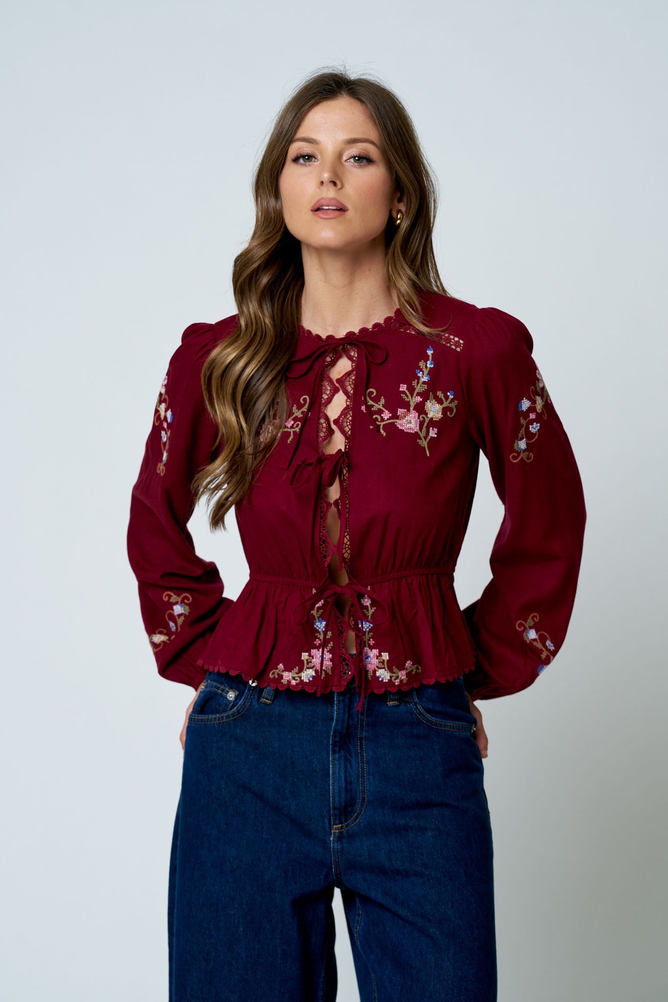 Burgundy Floral Embroidery Crochet Lace Trim Front Tie Top