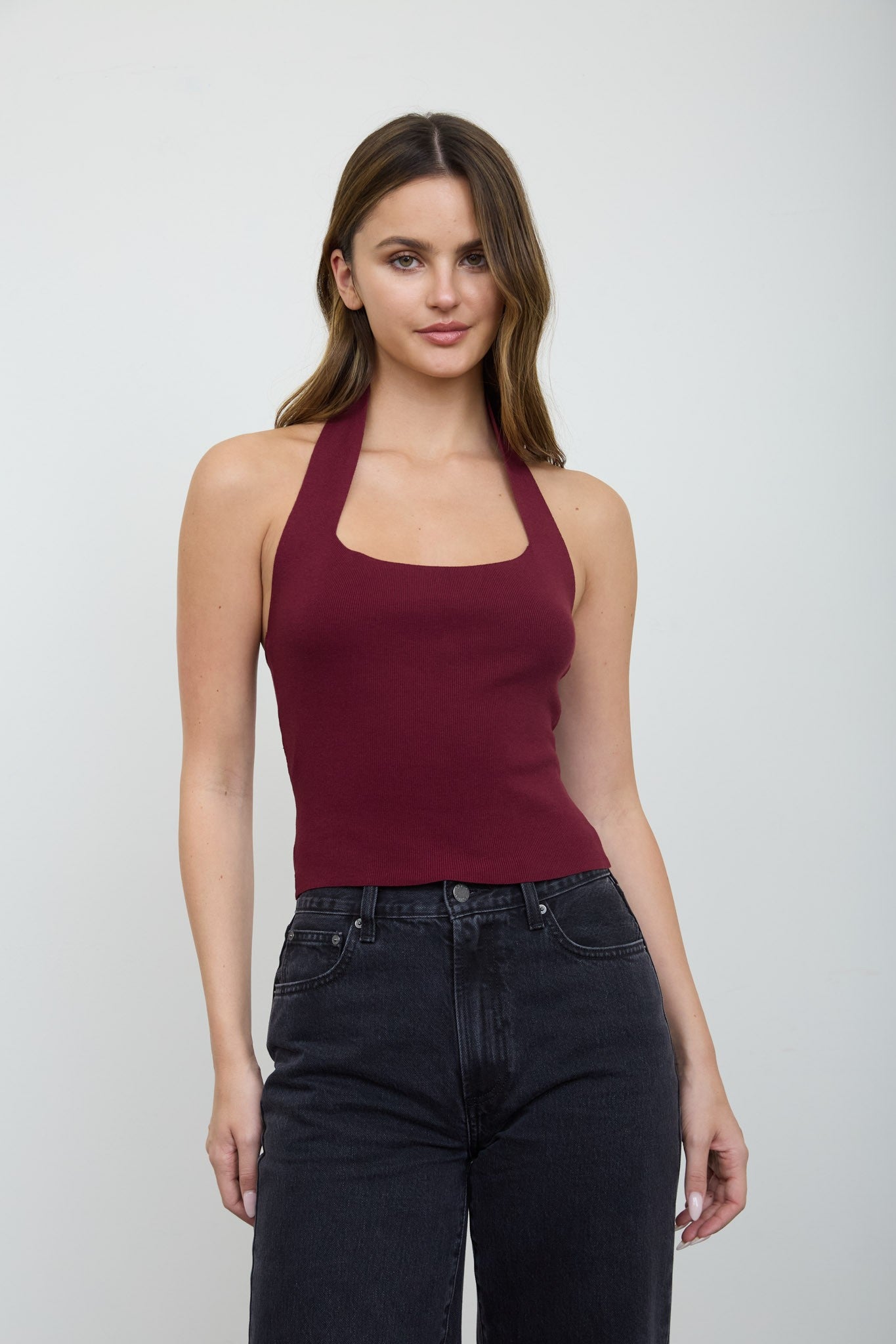 Burgundy Square Halter Neck Sweater Knit Top
