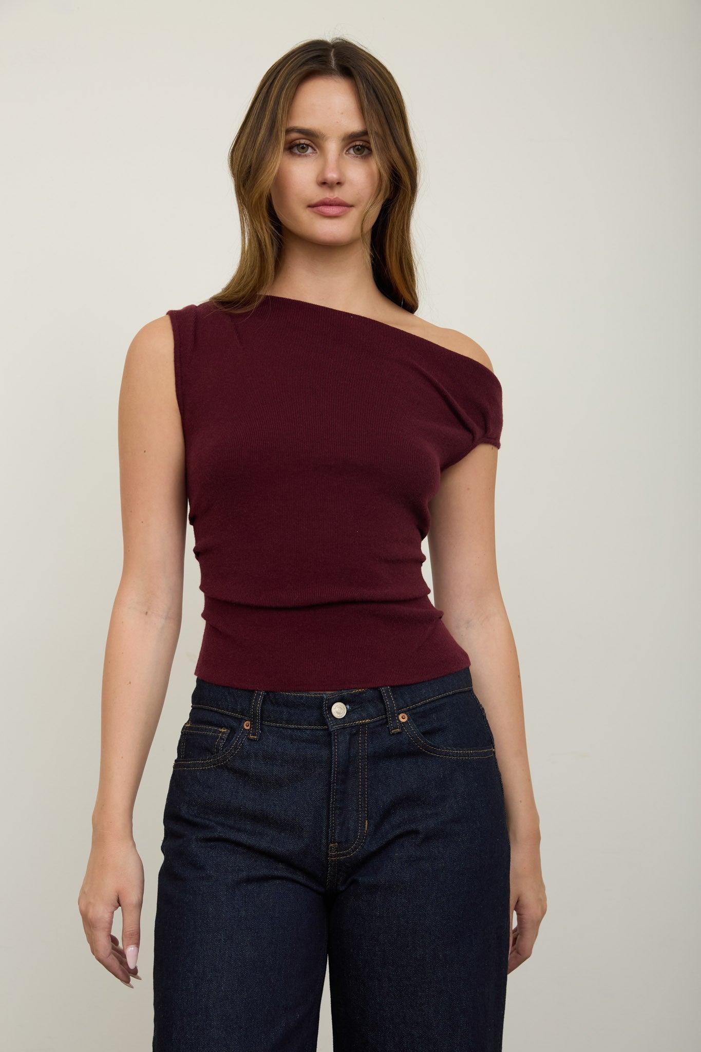 Burgundy Asymmetric Boat Neck Fitted Knit Sweater Top
