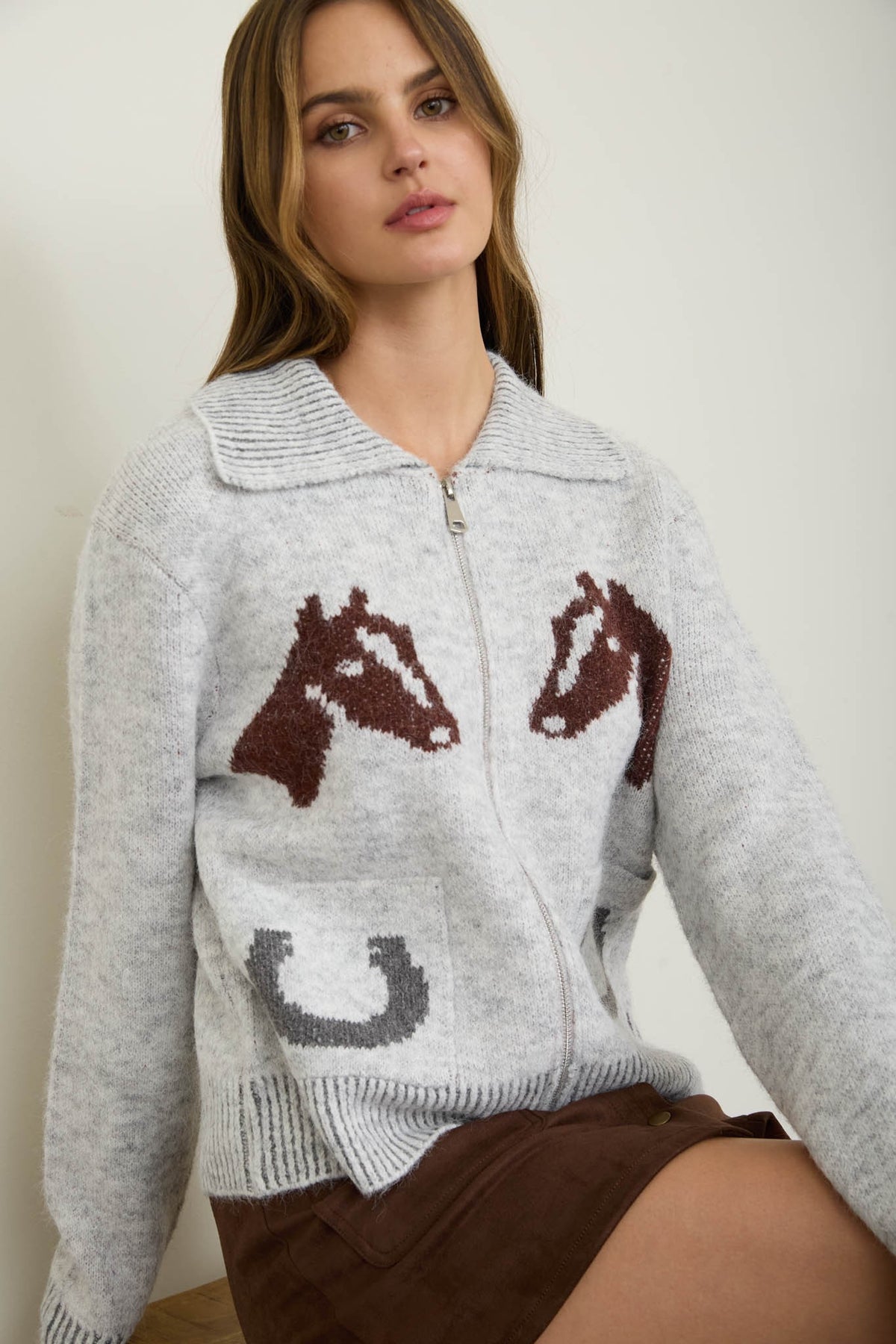 Grey Western Collared Zip Up Cardigan