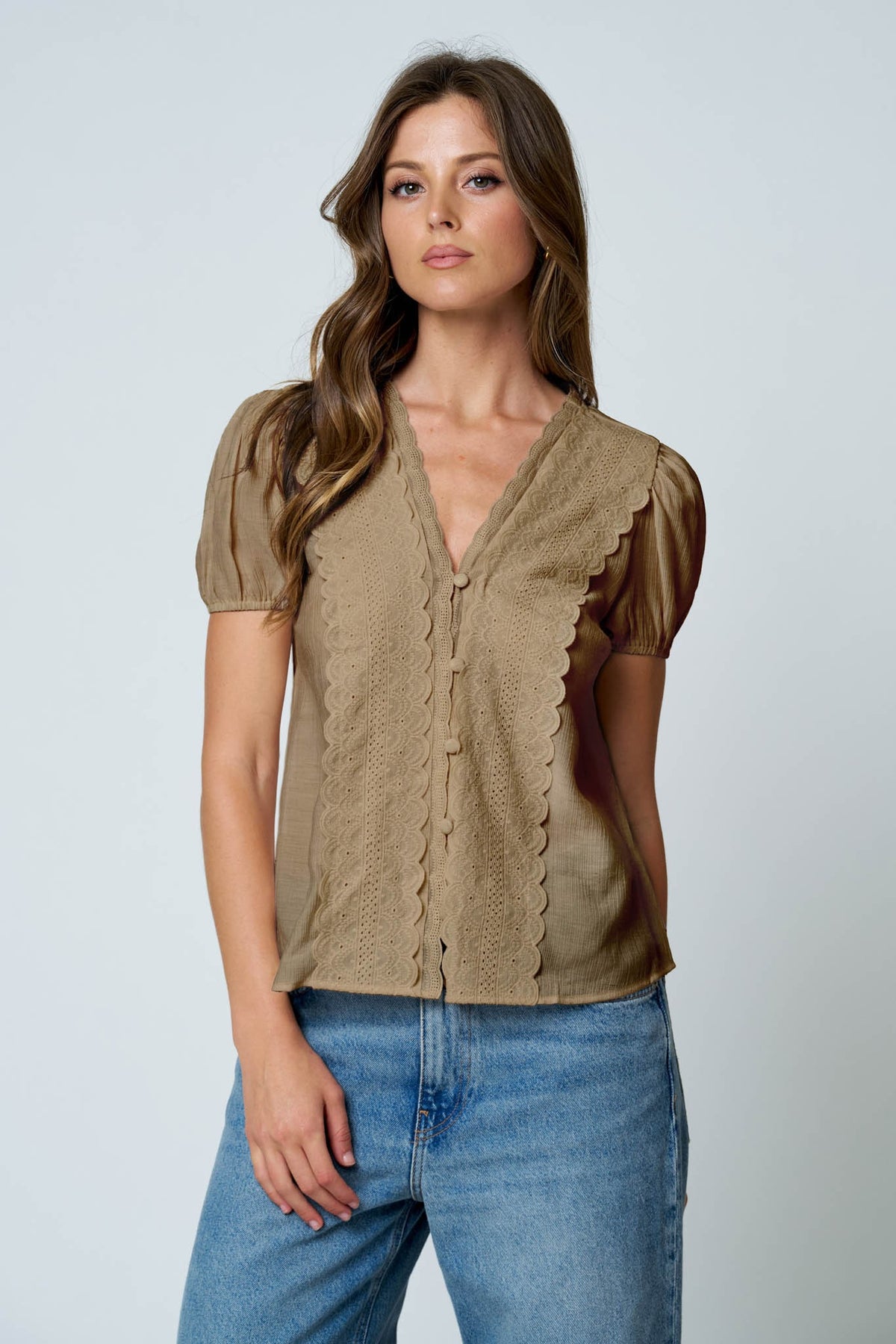 Mocha Lace Detail Puff Sleeve Button Down Blouse