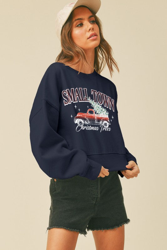 Navy Small Town Christmas Tree Cropped Graphic Sweatshirt