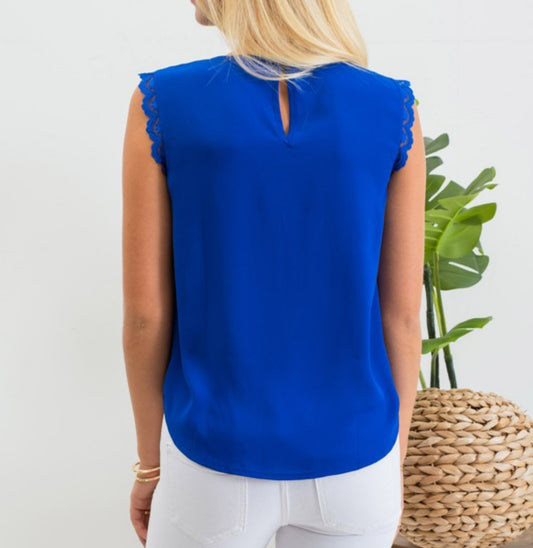 Sale! Royal Blue Sleeveless Lace Trim Pleated Top