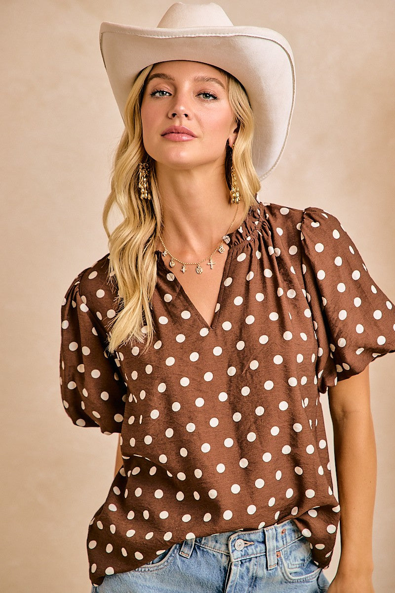 Polka Dot Printed Woven Ruffled V Neck Top