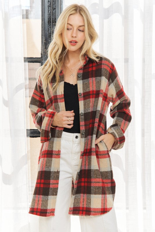 Red & Tan Plaid Long Shacket w/Pockets