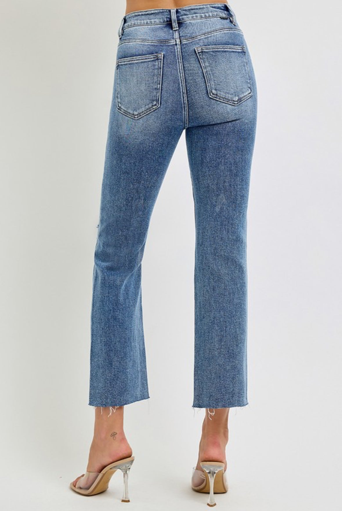 Risen Medium Wash High Rise Cropped Straight Button Up Denim w/Distressed Knee