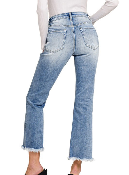 Light Wash High Rise Raw Hem Cropped Jeans By Zenana