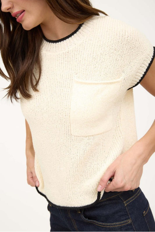 Ivory Contrast Trim Short Sleeve Pocket Sweater