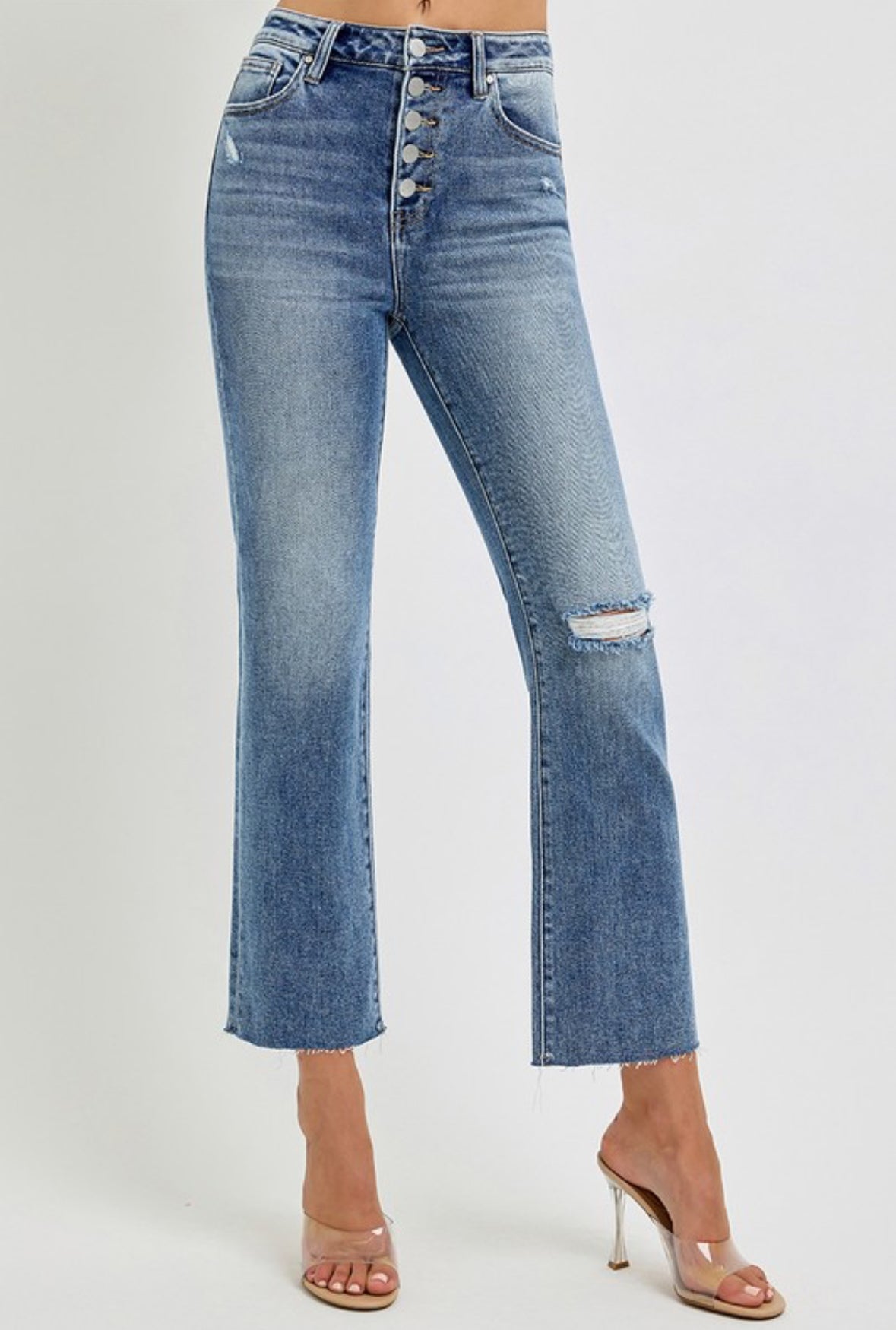 Risen Medium Wash High Rise Cropped Straight Button Up Denim w/Distressed Knee