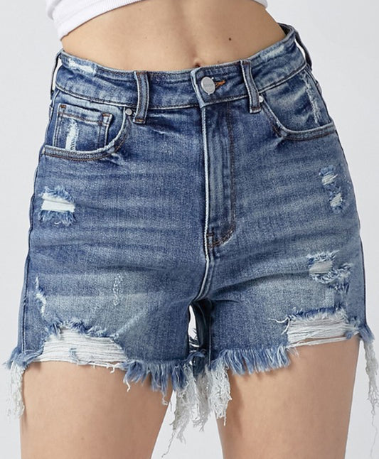 Risen Medium Wash High Rise Distressed Shorts