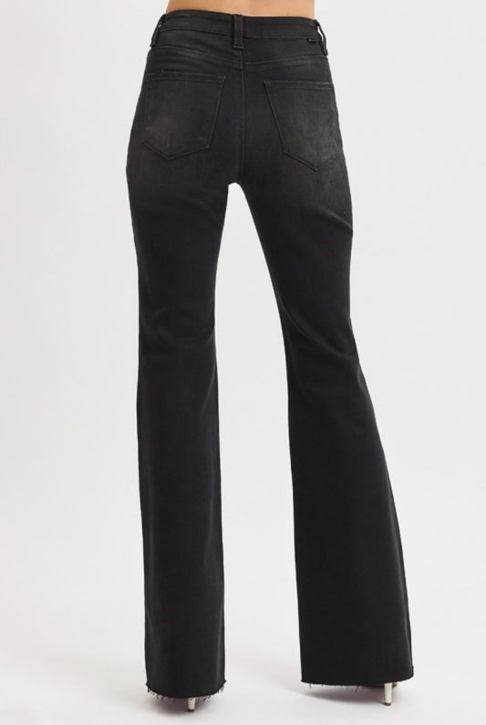 Risen Black High Rise Flare Raw Cut Hem Jeans