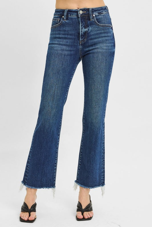 Risen High Rise Dark Wash Tummy Control Straight Raw Hem