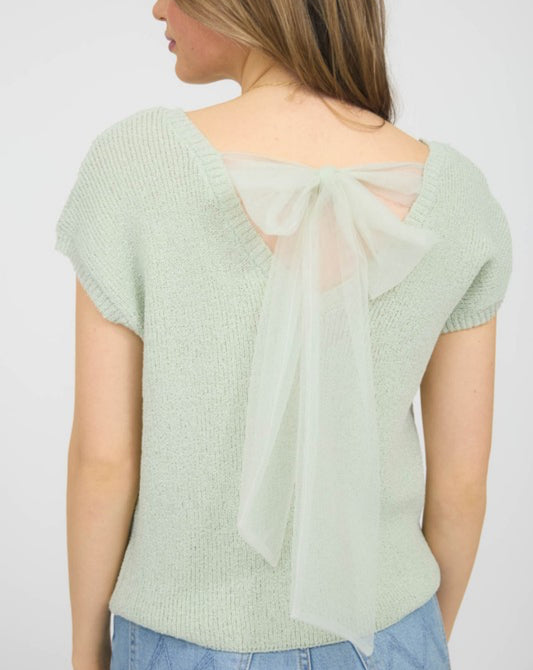 Dusty Sage Short Sleeve Sweater w/Sheer Bow Top