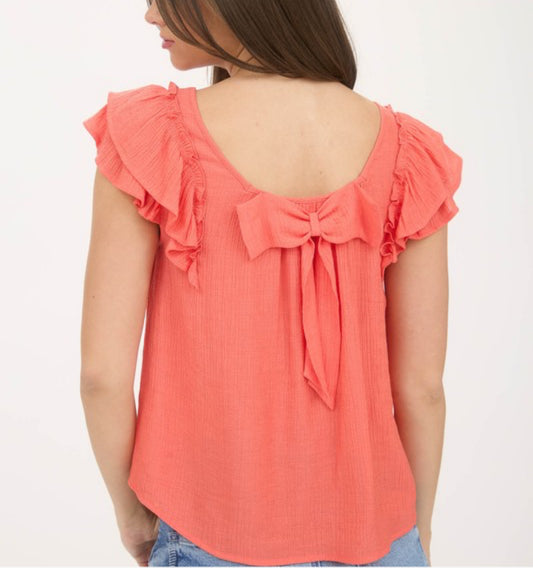Coral Ruffle Sleeve Top With Bow Back