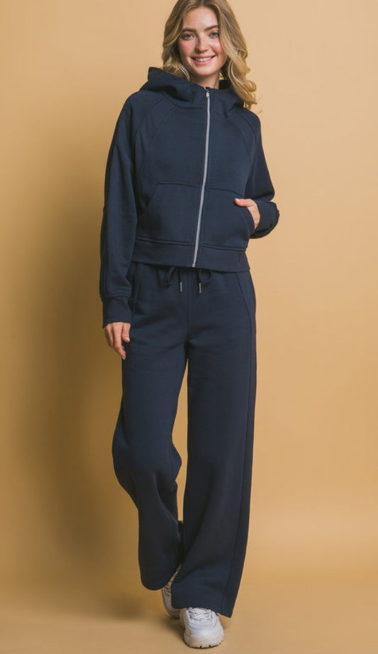Navy Elastic Drawstring Wide Leg Sweatpants
