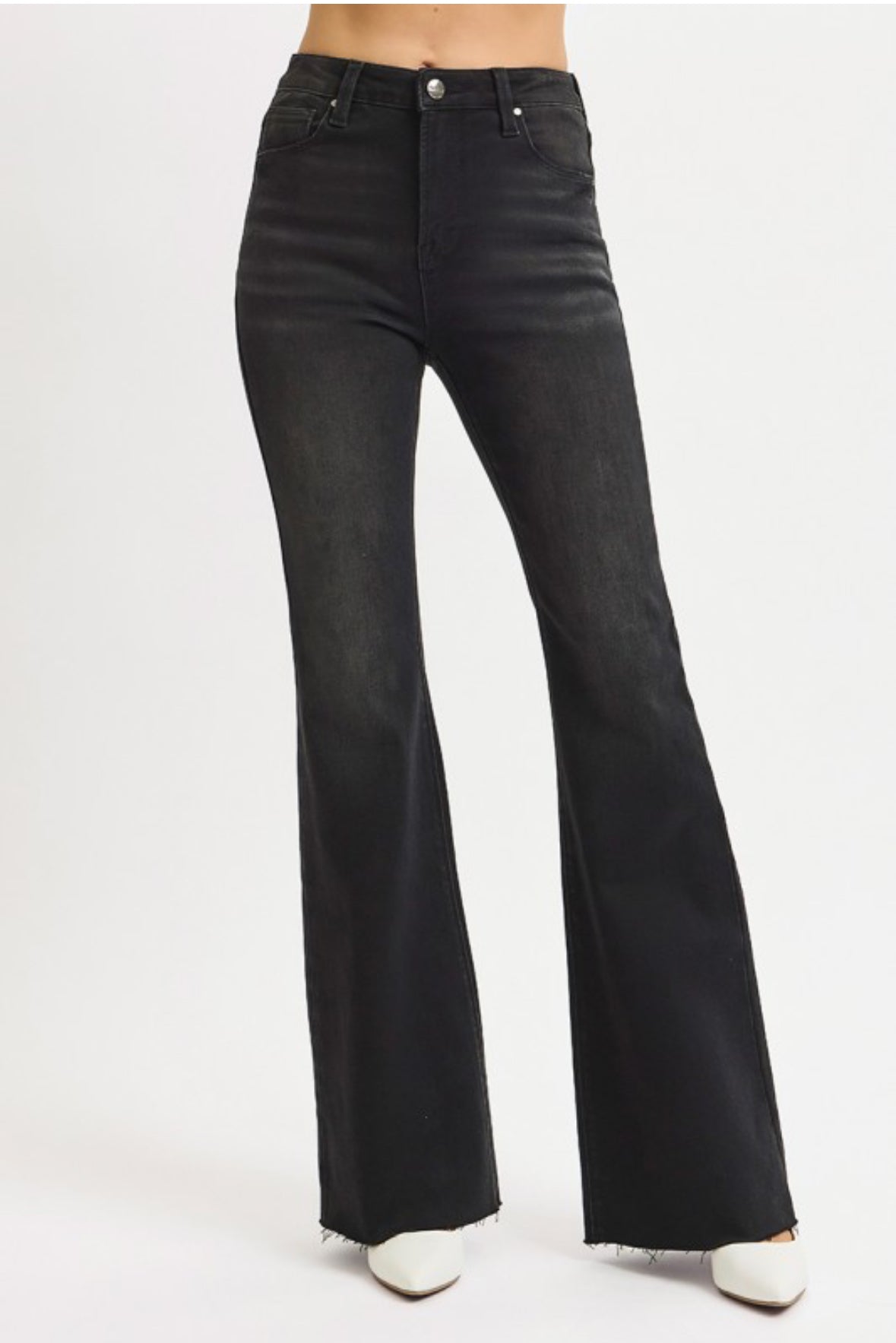 Risen Black High Rise Flare Raw Cut Hem Jeans