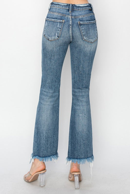 SALE! Risen High Rise Bootcut Frayed Cropped Denim