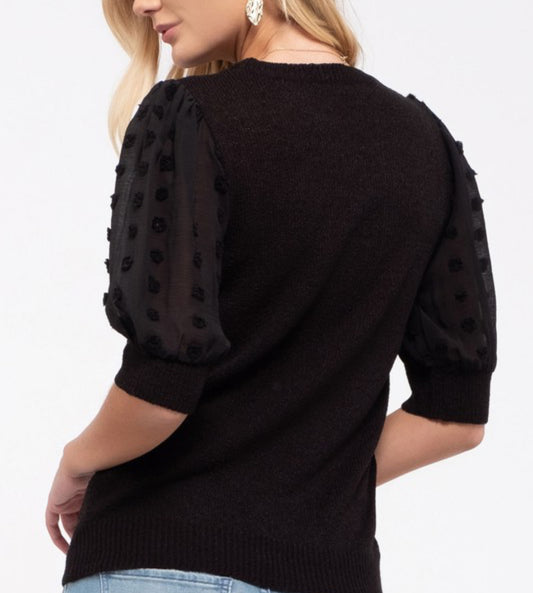 Black Short Sleeve Sweater w/ Dot Sleeve