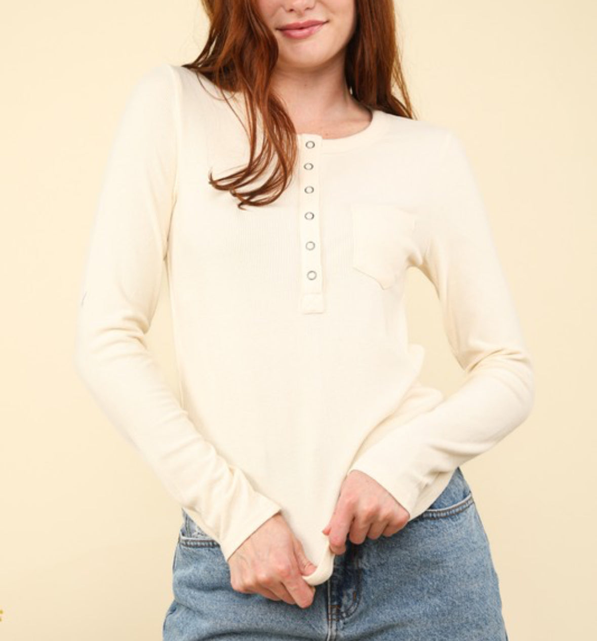 Soft Cream Ribbed Long Sleeve Top w/ Buttons