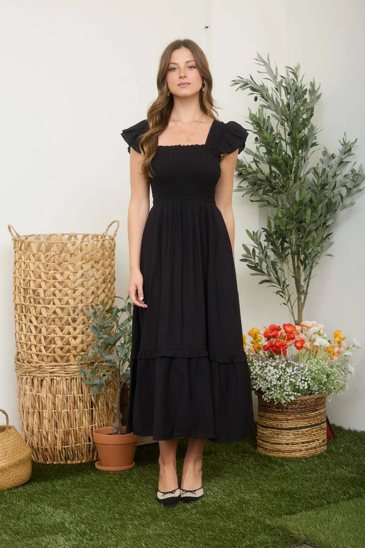 Black Smocked Ruffle Midi Dress – Button Detail