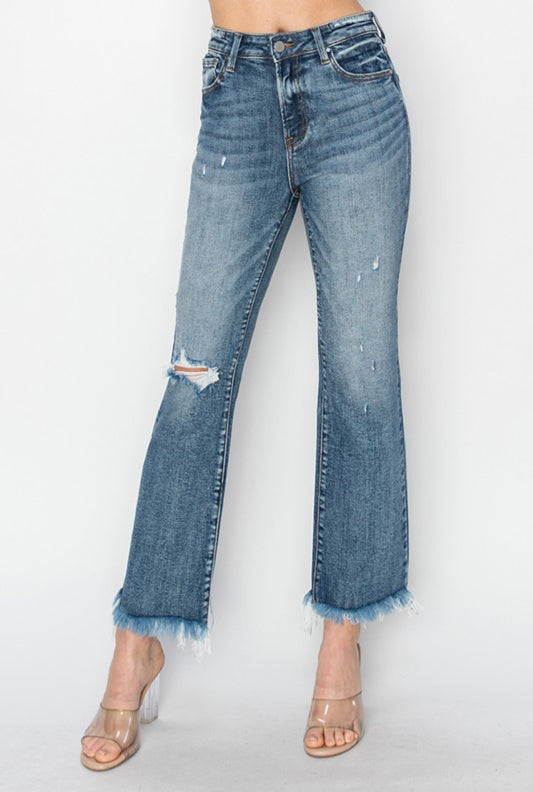SALE! Risen High Rise Bootcut Frayed Cropped Denim