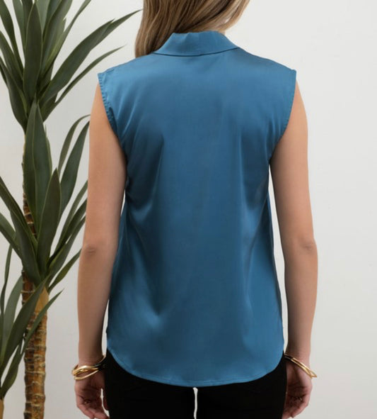 Teal Satin Collared Sleeveless Blouse