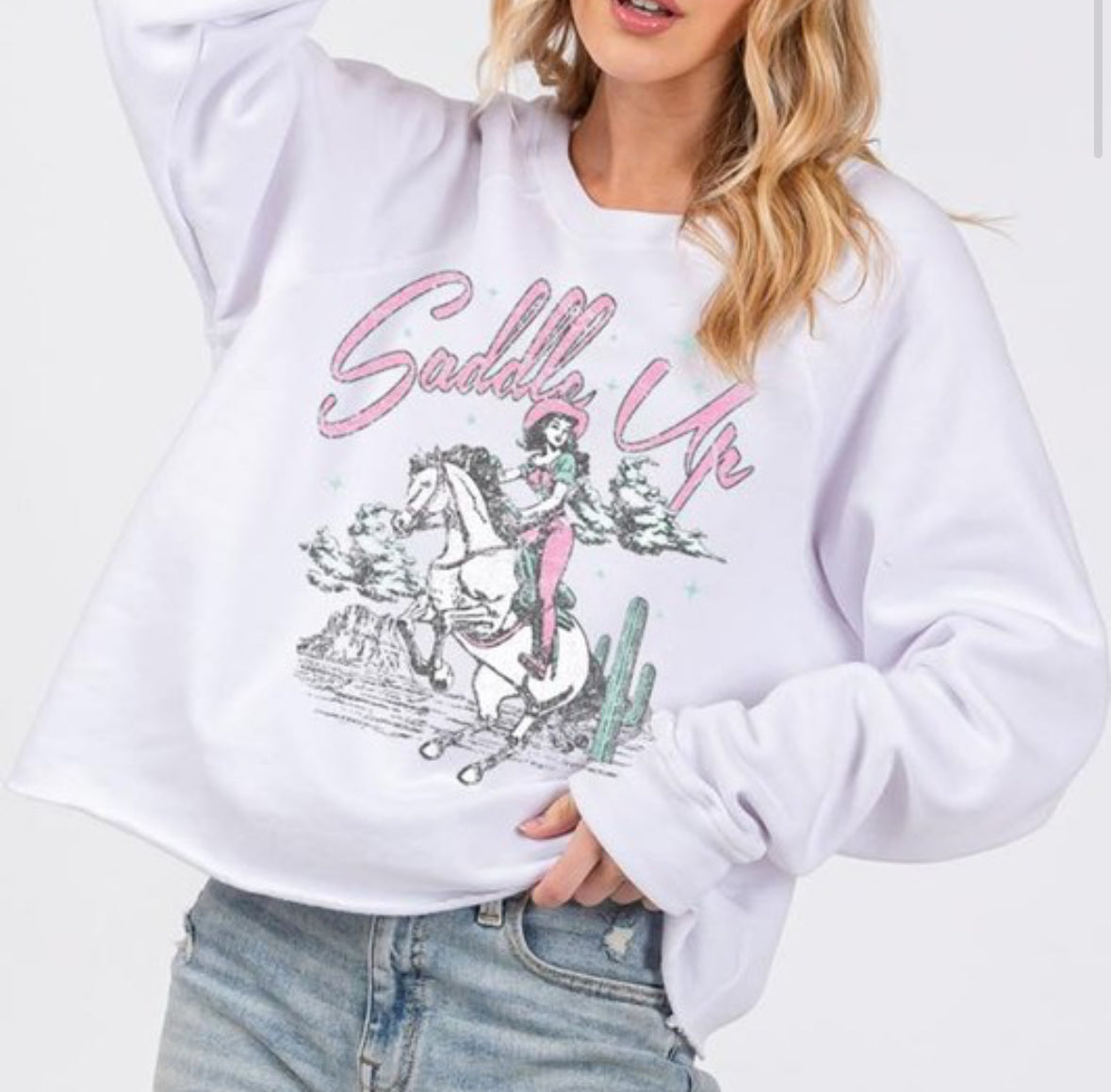 White Saddle Up Cowgirl Graphic Faux Crop Sweatshirt