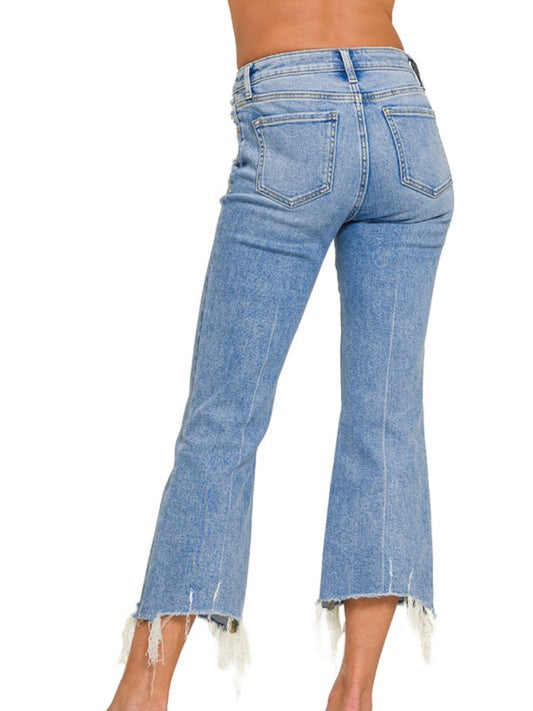 Light Wash Kick Crop Flare Denim By Zenana