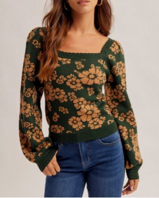 Emerald Green Floral Print Square Neck Bubble Sleeve Sweater Top