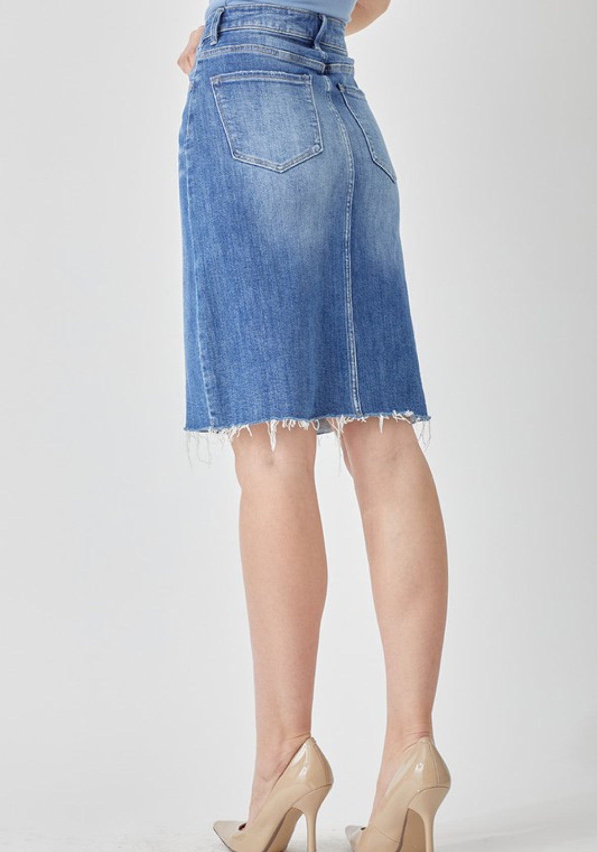 Risen High Rise Denim Pencil Skirt