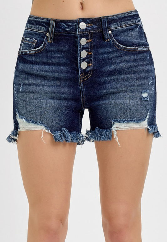 Risen High Rise Button Down Step Side Hem Shorts