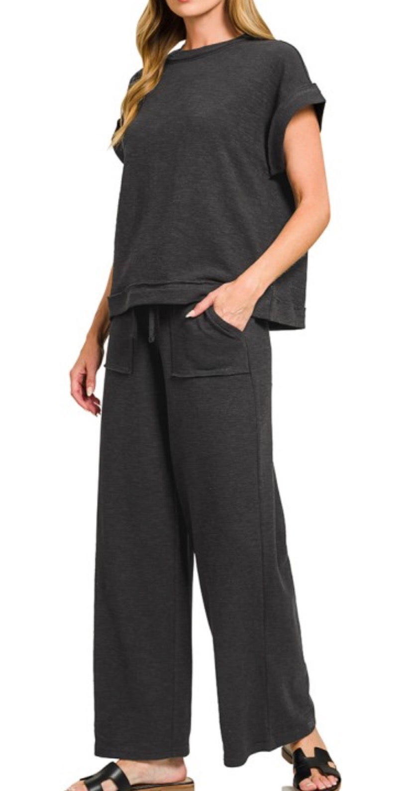Black Slub Short Sleeve Pant set