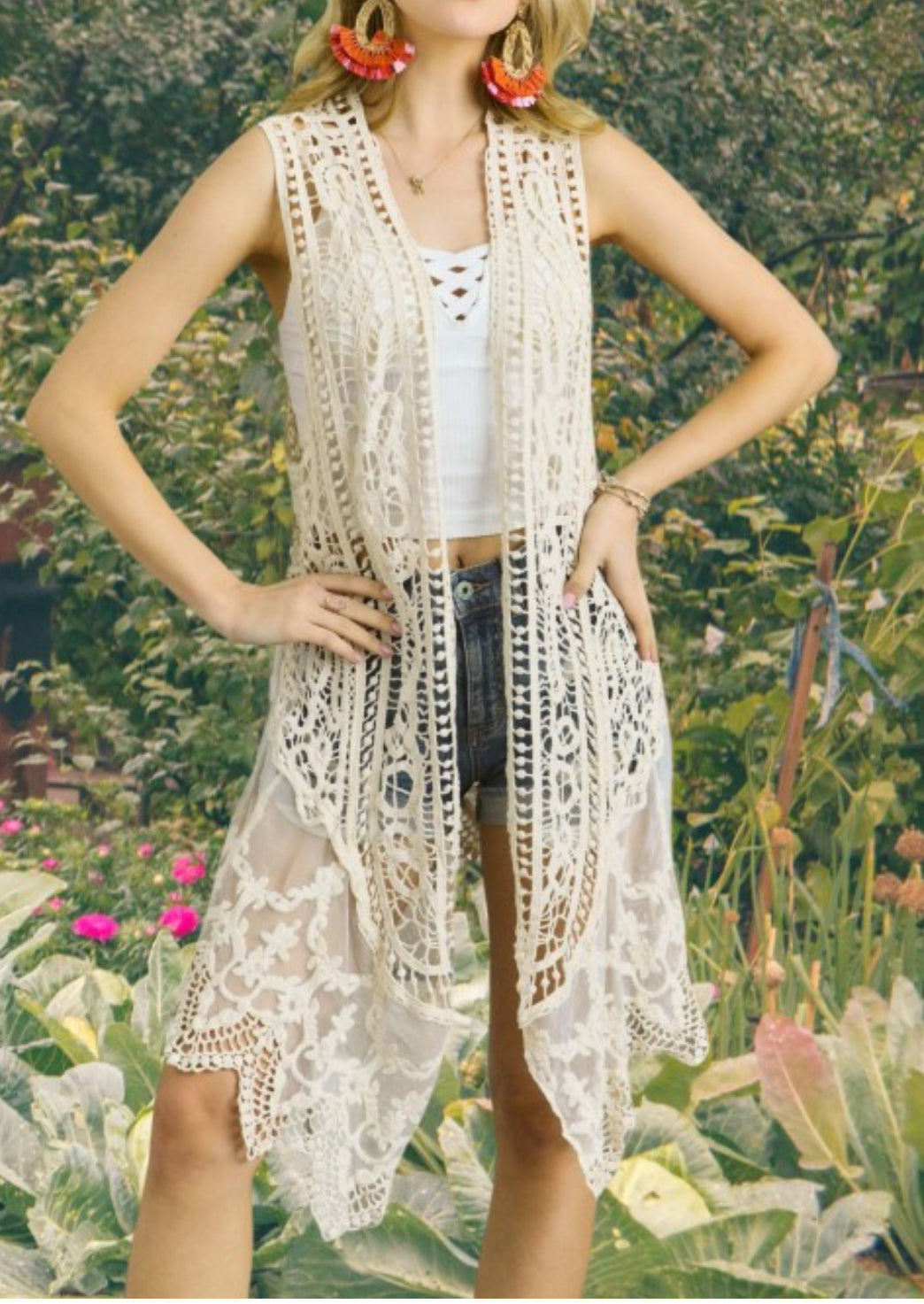 Natural Sleeveless Crochet Cardigan