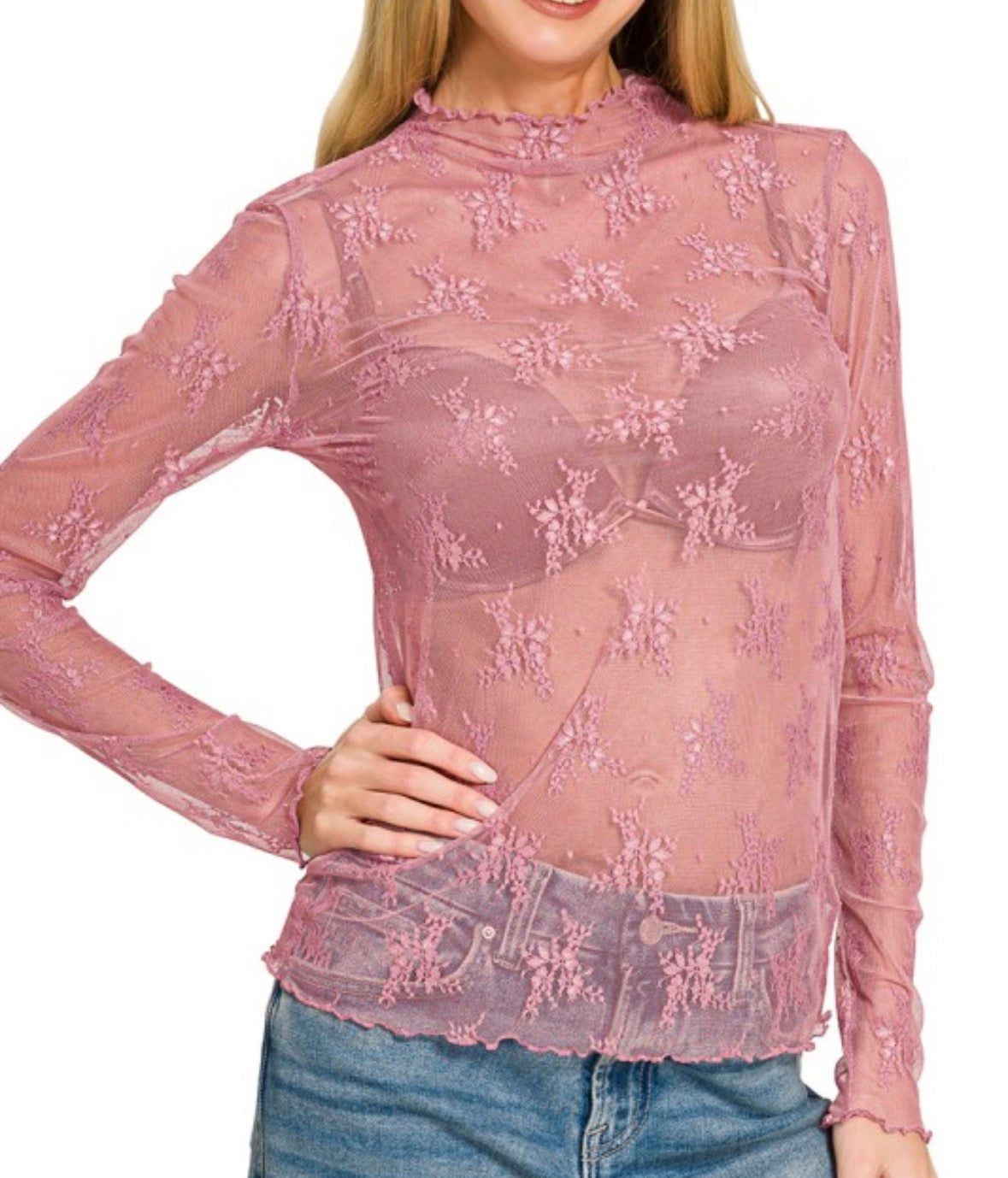 Pink Long Sleeve Lace Top