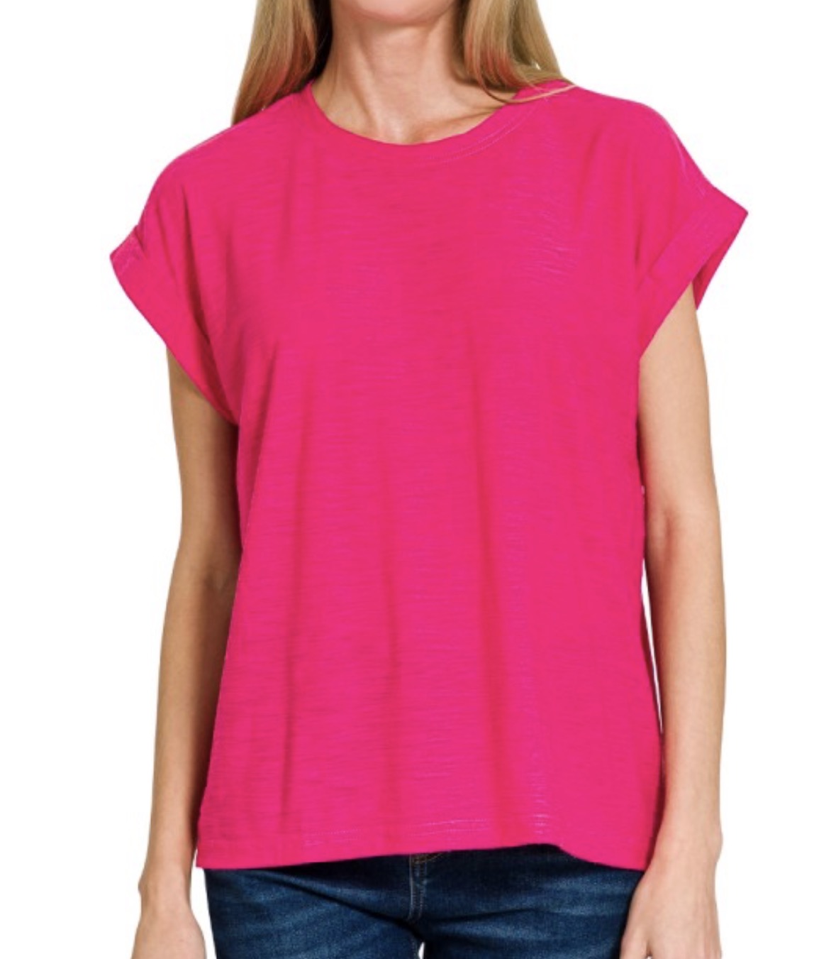 Hot Pink Slub Cuffed Sleeve Tee