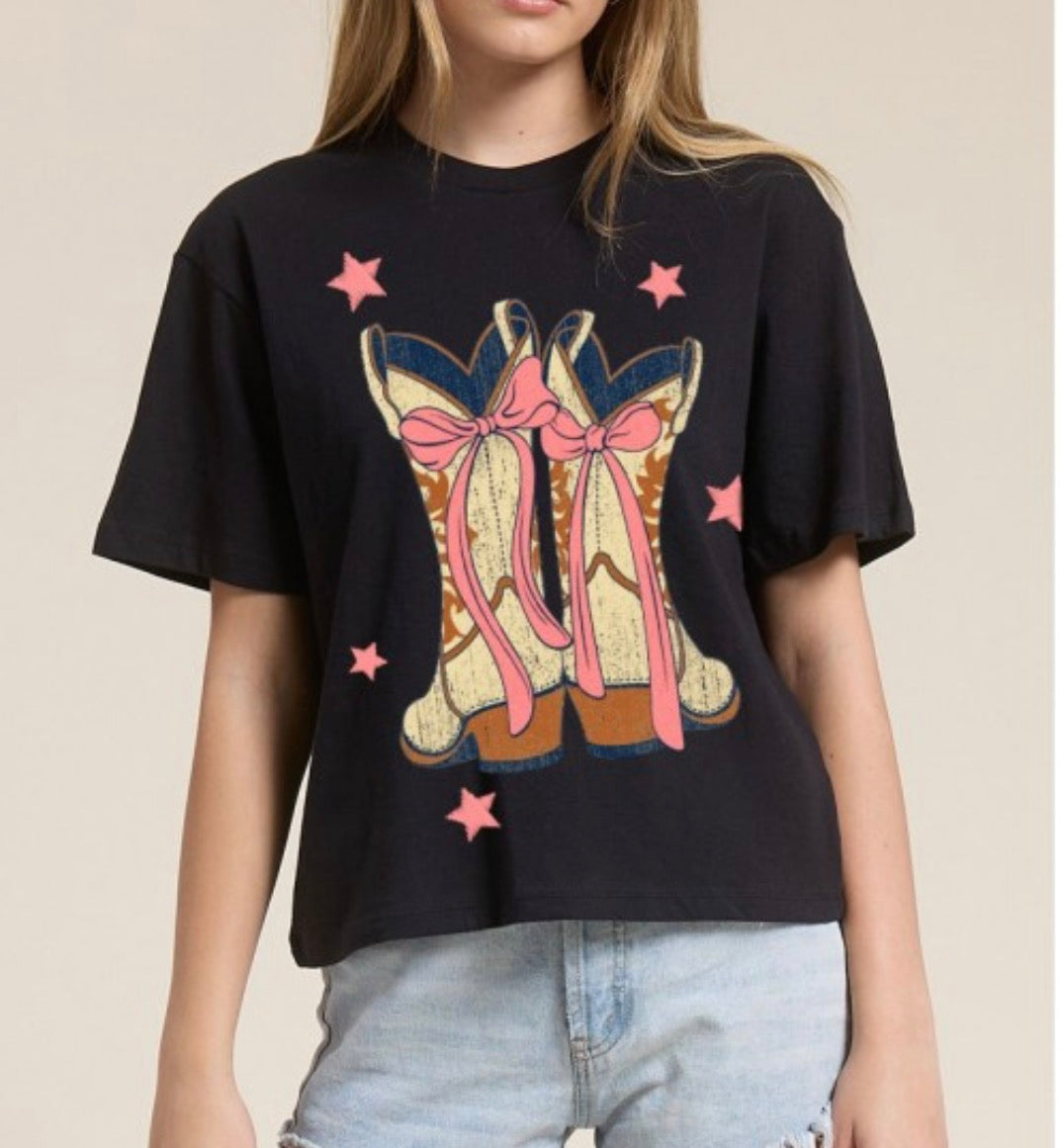 Puff Cowboy Boot Bow Graphic Tee