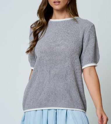 Grey Contest Trim Puff Sleeve Ribbed Knit Sweater