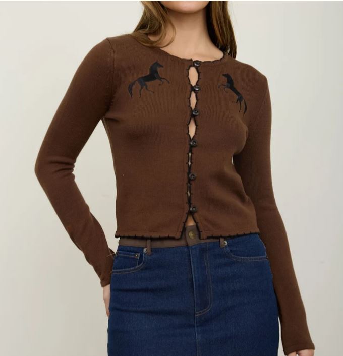 BROWN HORSE MOTIF CONTRAST STITCH KNIT CARDIGAN