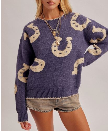 Blue Horse Shoes Jacquard Sweater