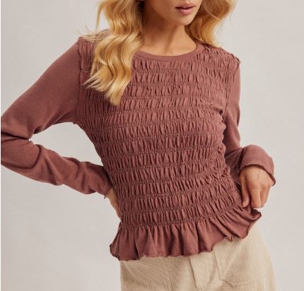 Mauve Crew Neck Ruched Detail Ruffled Hem Top
