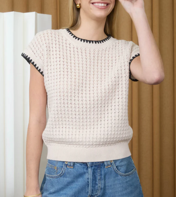 Natural Contrast Trim Textured Short Sleeve Sweater